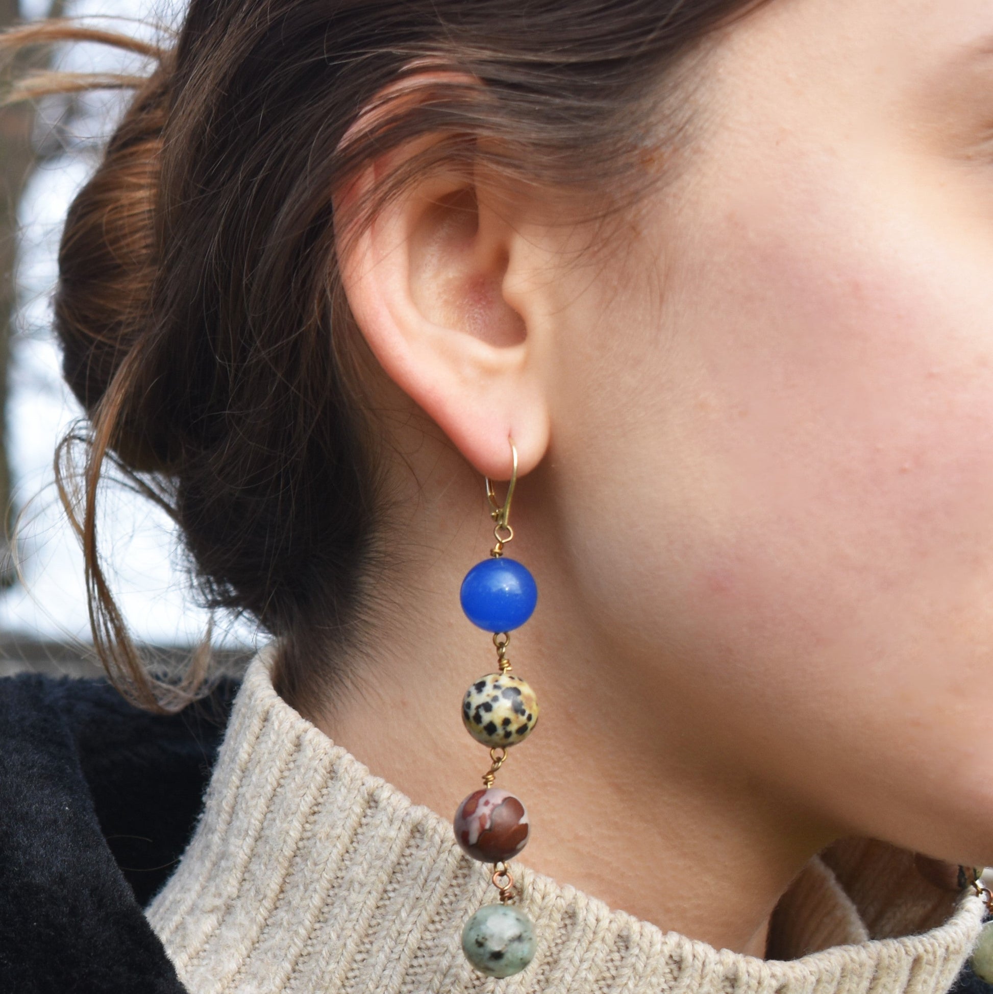 Blue Aventurine, Dalmatian Jasper, Mookaite and Sesame Jasper Yellow gold vermeil or 18k gold earrings | by nlanlaVictory-4