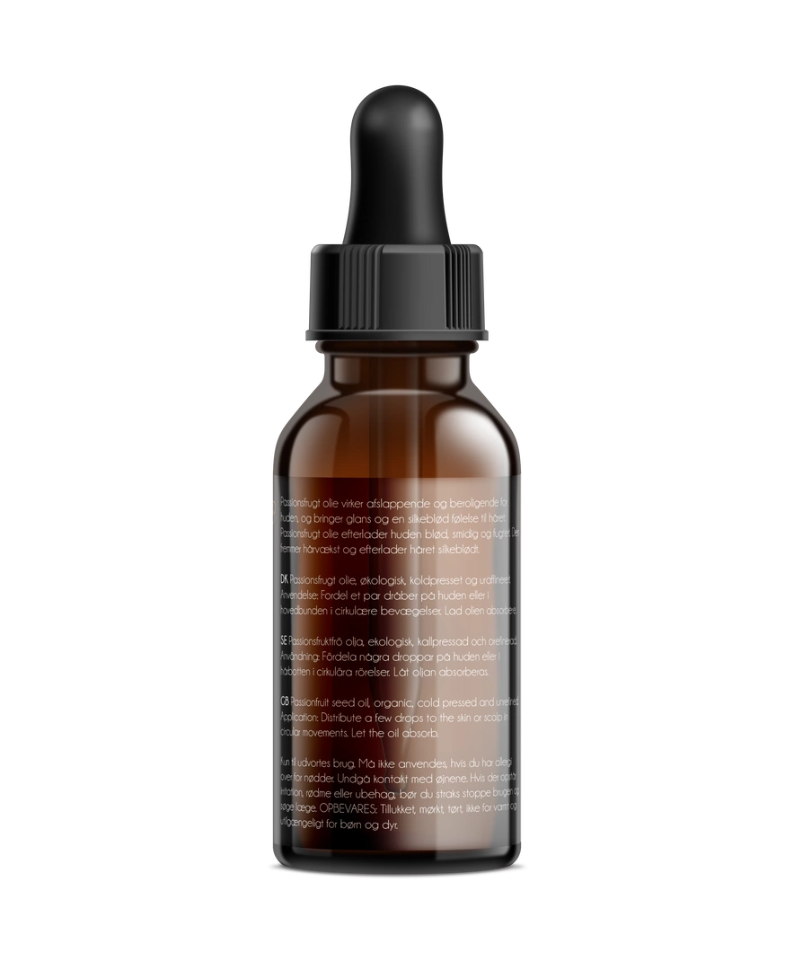 chleopatra passionsfrugt olie 30 ml økologisk bagside